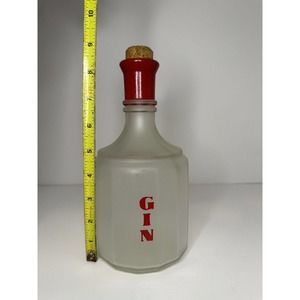 Old GIN Frosted Glass Bottle w Red Detail Bar Pub Tavern Jug Jar Liquor -Vintage